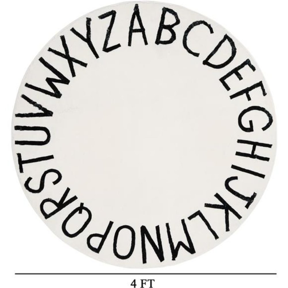 4ft Round Kids ABC Rug Alphabet Nursery Rug for Bedroom Non Slip, Milk White